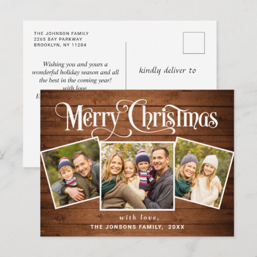 Kerstmis Rustic Wood 3 PHOTO Greeting Holiday Briefkaart (Voorkant / Achterkant)