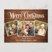 Kerstmis Rustic Wood 3 PHOTO Greeting Holiday Briefkaart (Voorkant)