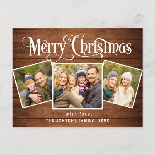 Kerstmis Rustic Wood 3 PHOTO Greeting Holiday Briefkaart (Voorkant)