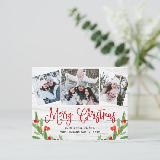 Kerstmis Rustic Wood 3 PHOTO Greeting Holiday Briefkaart (Staand voorkant)