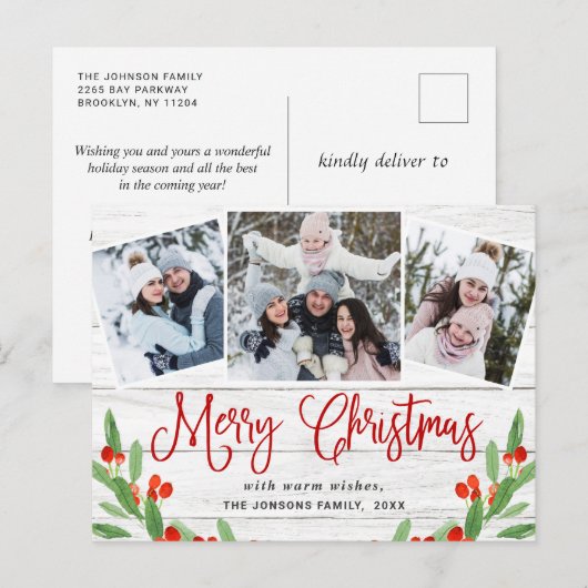 Kerstmis Rustic Wood 3 PHOTO Greeting Holiday Briefkaart (Voorkant / Achterkant)