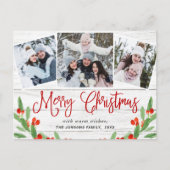 Kerstmis Rustic Wood 3 PHOTO Greeting Holiday Briefkaart (Voorkant)