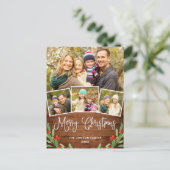 Kerstmis Rustic Wood 4 PHOTO Greeting Holiday Briefkaart (Staand voorkant)