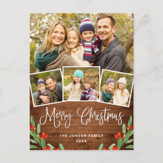 Kerstmis Rustic Wood 4 PHOTO Greeting Holiday Briefkaart (Voorkant)