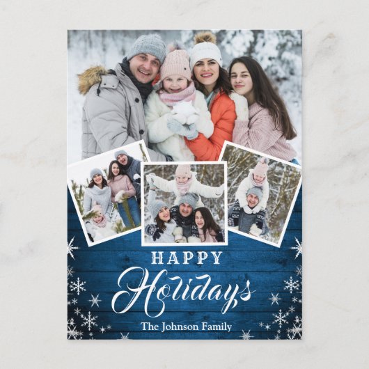 Kerstmis Rustic Wood 4 PHOTO Greeting Holiday Briefkaart (Voorkant)