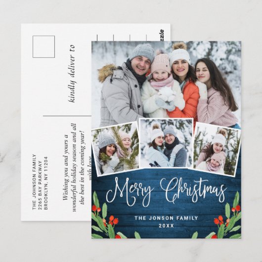 Kerstmis Rustic Wood 4 PHOTO Greeting Holiday Briefkaart (Voorkant / Achterkant)