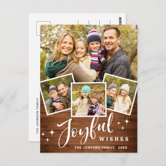 Kerstmis Rustic Wood 4 PHOTO Greeting Holiday Briefkaart (Voorkant / Achterkant)