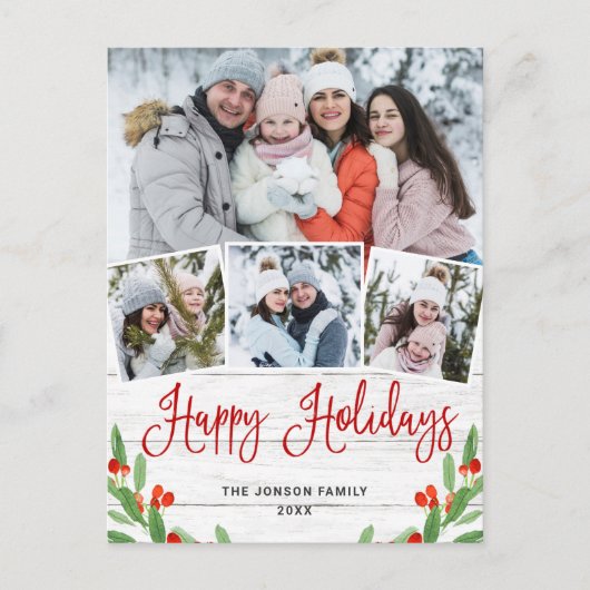 Kerstmis Rustic Wood 4 PHOTO Greeting Holiday Briefkaart (Voorkant)