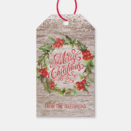 Kerstmis Rustic Wood Red Holly Typografie Cadeaulabel