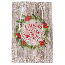 Kerstmis Rustic Wood Red Holly Typografie Medium Cadeauzakje