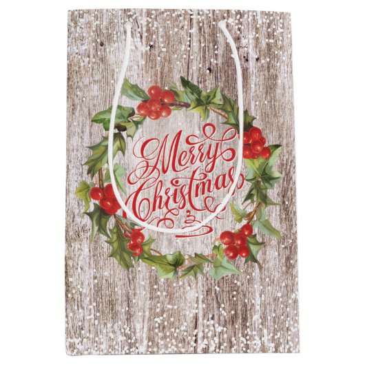 Kerstmis Rustic Wood Red Holly Typografie Medium Cadeauzakje (Voorkant)
