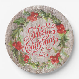 Kerstmis Rustic Wood Red Holly Typografie Papieren Bordje