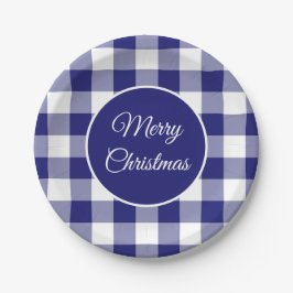 Kerstmis Rustiek Blauw En Wit Geruit Patroon Papieren Bordje