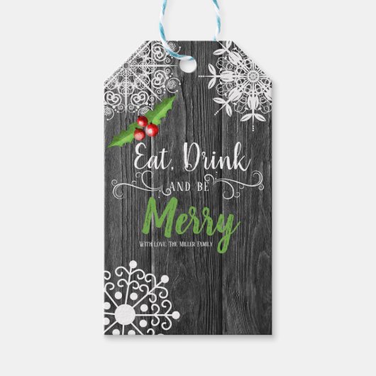 Kerstmis | Rustiek Grijs Hout Mistletoe & Sneeuwvl Cadeaulabel (Voorkant)