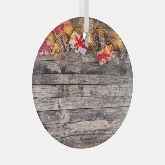 Kerstmis rustieke achtergrond, houten planken. glas ornament (Voorkant Rechts)