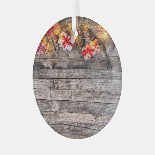 Kerstmis rustieke achtergrond, houten planken. glas ornament (Voorkant links)