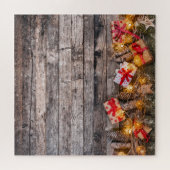 Kerstmis rustieke achtergrond, houten planken. legpuzzel (Horizontaal)