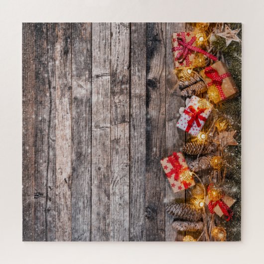 Kerstmis rustieke achtergrond, houten planken. legpuzzel (Horizontaal)