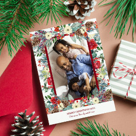 Kerstmis rustieke bloemen familie foto rode bordea feestdagenkaart