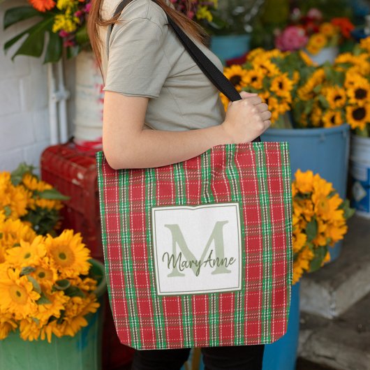 Kerstmis Rustieke Monogram Rode Vakantie Plaid Tote Bag