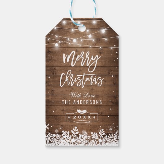 Kerstmis Rustieke Slingerlichten Sneeuwvlokken Cadeaulabel (Voorkant)
