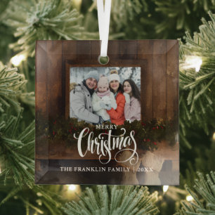 Kerstmis Rustieke Winter Open Haard Foto Glas Ornament
