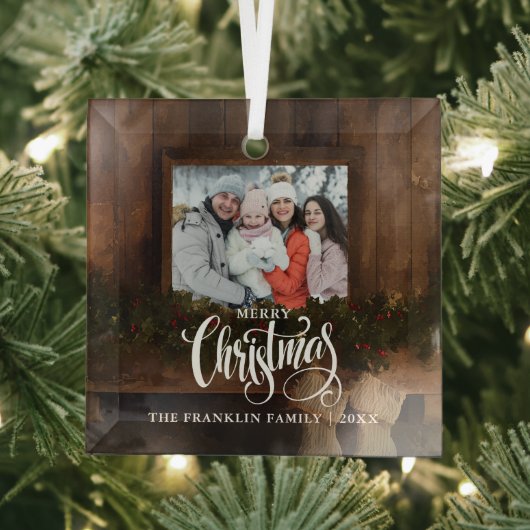 Kerstmis Rustieke Winter Open Haard Foto Glas Ornament (Insitu)