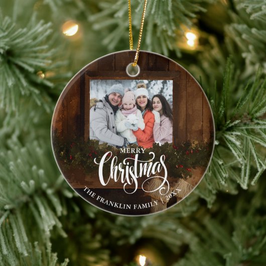 Kerstmis Rustieke Winter Open Haard Foto Keramisch Ornament (Boom)