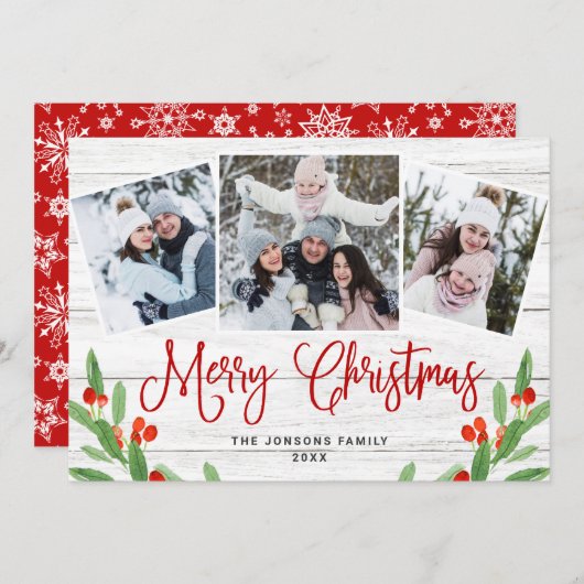 Kerstmis Rustisch White Wood 3 PHOTO Greep Feestdagenkaart (Voorkant / Achterkant)