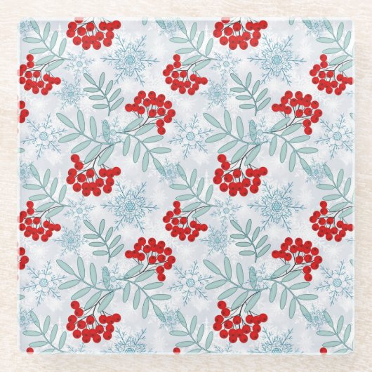 Kerstmis, Rwan, rood, wit, sneeuwvlokken Glazen Onderzetter (Voorkant)