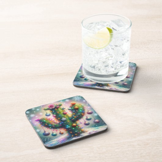 Kerstmis Saguaro Cactus Whimsical Sneeuwvlokken Bier Onderzetter (Rechterzijde)