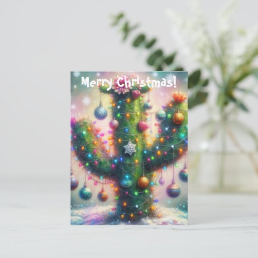 Kerstmis Saguaro Cactus Whimsical Sneeuwvlokken Briefkaart (Staand voorkant)