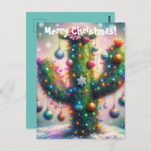 Kerstmis Saguaro Cactus Whimsical Sneeuwvlokken Briefkaart (Voorkant / Achterkant)