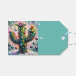 Kerstmis Saguaro Cactus Whimsical Sneeuwvlokken Cadeaulabel