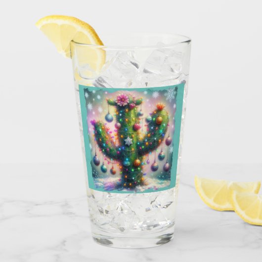 Kerstmis Saguaro Cactus Whimsical Sneeuwvlokken Glas (Voorkant ijs)