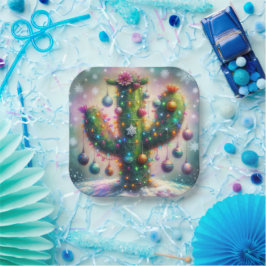 Kerstmis Saguaro Cactus Whimsical Sneeuwvlokken Papieren Bordje