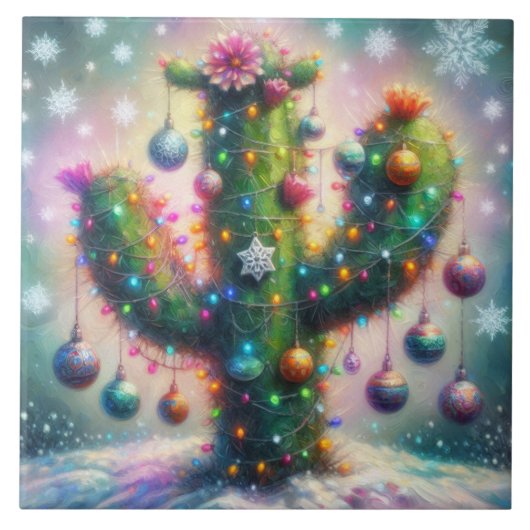 Kerstmis Saguaro Cactus Whimsical Sneeuwvlokken Tegeltje (Voorkant)