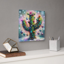 Kerstmis Saguaro Cactus Whimsical Sneeuwvlokken Vierkante Klok