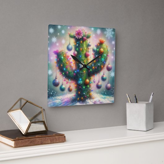 Kerstmis Saguaro Cactus Whimsical Sneeuwvlokken Vierkante Klok (Kantoor)