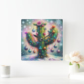Kerstmis Saguaro Cactus Whimsical Sneeuwvlokken Vierkante Klok (Huis)