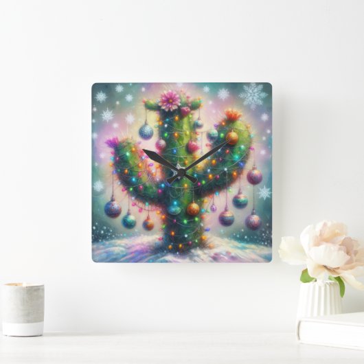Kerstmis Saguaro Cactus Whimsical Sneeuwvlokken Vierkante Klok (Huis)