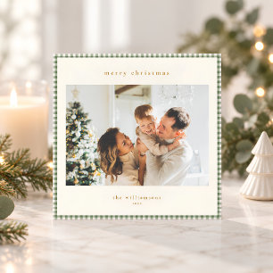 Kerstmis Salie Groen Gingham Rand Foto Feestdagenkaart
