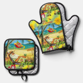 Kerstmis Santa Beach Bum Mitt & Pot houders Ove Ovenwant & Pannenlap Set (Voorkant / Achterkant)