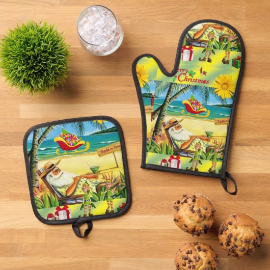 Kerstmis Santa Beach Bum Mitt & Pot houders Ove Ovenwant & Pannenlap Set (Top down)