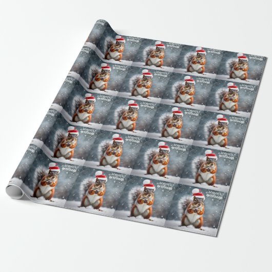 Kerstmis Santa Eekhoorn met Pinecone Cadeaupapier (Uitgerold)