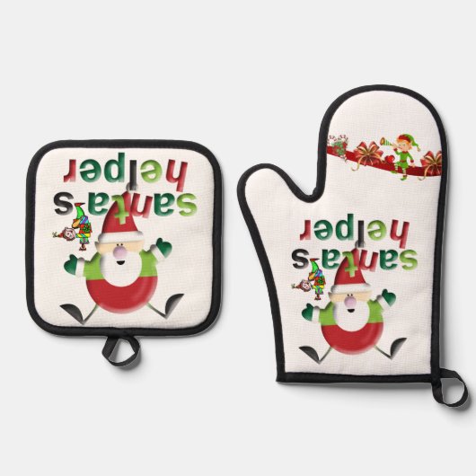 Kerstmis Santa & Elf Oven Mitt & Pot Houders Ovenwant & Pannenlap Set (Voorkant)