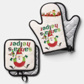 Kerstmis Santa & Elf Oven Mitt & Pot Houders Ovenwant & Pannenlap Set (Voorkant / Achterkant)