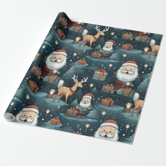 Kerstmis santa en rendieren cadeaupapier (Uitgerold)