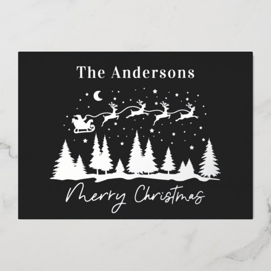 Kerstmis santa en rendieren slee zwart foto folie feestdagenkaart (Voorkant)