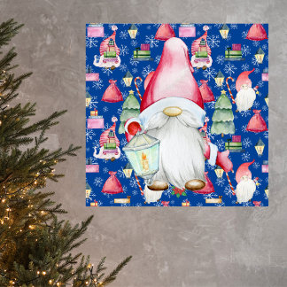Kerstmis Santa Gnome & Blauwe Patroon Achtergrond Poster